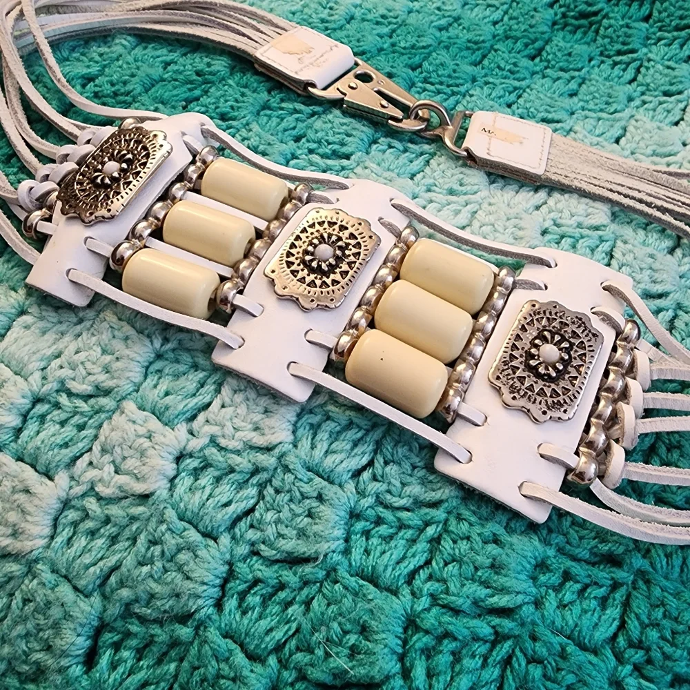 Vintage white leather wide belt bead embellished